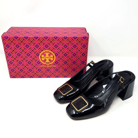 Tory Burch Georgia Slingback Pumps 70MM Naplack Cow Perfect Black 137065 Size 8 - Picture 2 of 11